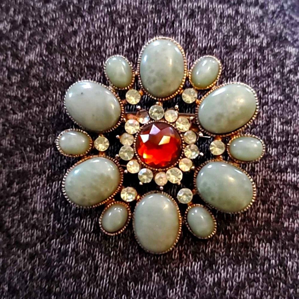 Big Beautiful Vintage Flower Brooch - Hair Clip Attached Amber Green Rhinestones